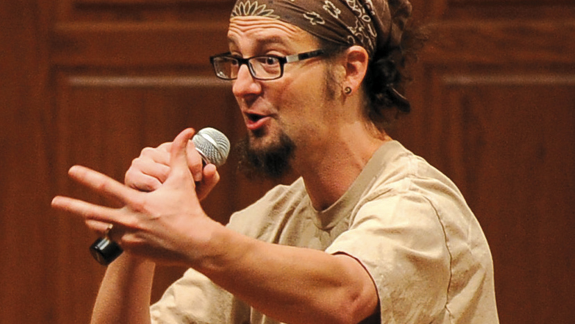 Shane Claiborne speaks at Hesston Mennonite Church in Kansas in 2016. — Larry Bartel/Hesston College