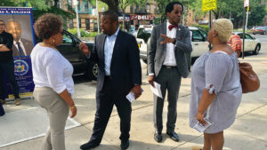 New York Assemblyman and Infinity Mennonite Church Pastor Al Taylor, right, campaigns Aug. 1, 2019, in Harlem with New York State Sen. Brian Benjamin. — Wendy Lorenzetti Olivo