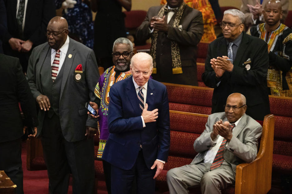 Joe Biden acknowledges applause after attending services at Royal Missionary Baptist Church in North Charleston, S.C., on Feb. 23. --Matt Rourke/ap