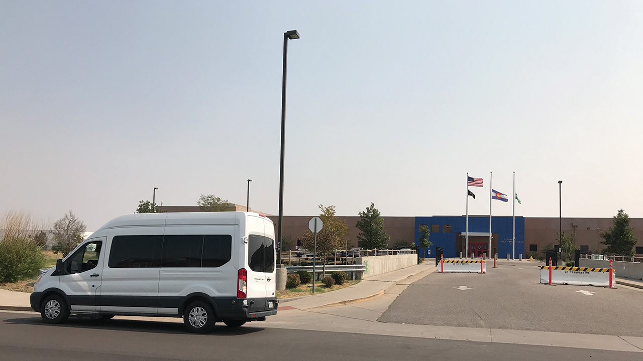 Casa de Paz’s new Casa on Wheels mobile hospitality unit waits for people to be released from the U.S. Immigration and Customs Enforcement contract detention facility in Aurora, Colo. — Casa de Paz