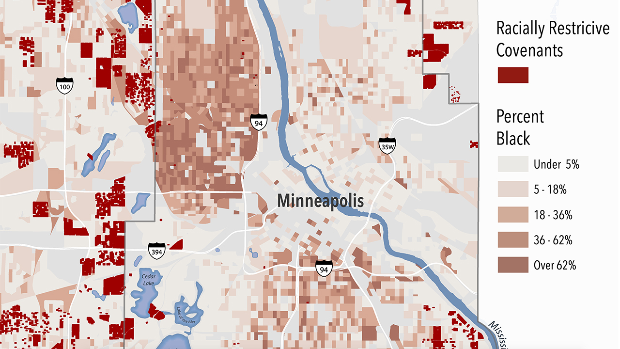 Concentrations of Black populations in the Minneapolis area in 2010 contrast with historically racially restricted properties, in red. — Mapping Prejudice Project