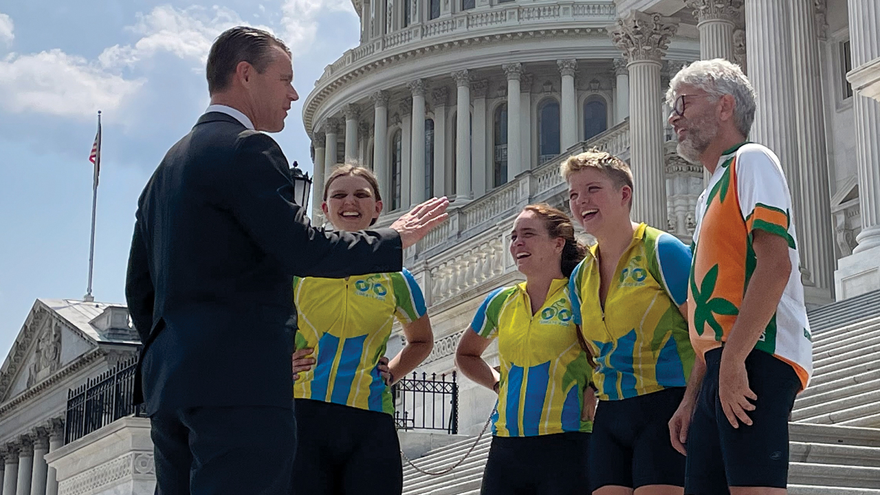 U.S. Senator Todd Young of Indiana meets on July 28 with Center for Sustainable Climate Solutions Climate Ride participants Greta Lapp Klassen, Sierra Ross Richer, Anna Paetkau and Doug Kaufman. — Tammy Alexander/MCC