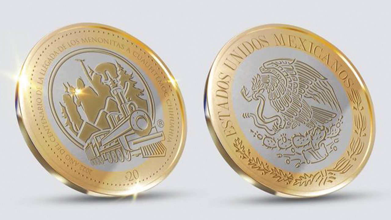 One of the proposed designs for a 20-peso coin commemorating the centennial of the arrival of Mennonites in Mexico features the arrival of trains in San Antonio de Arenales. — Municipality of Cuauhtémoc