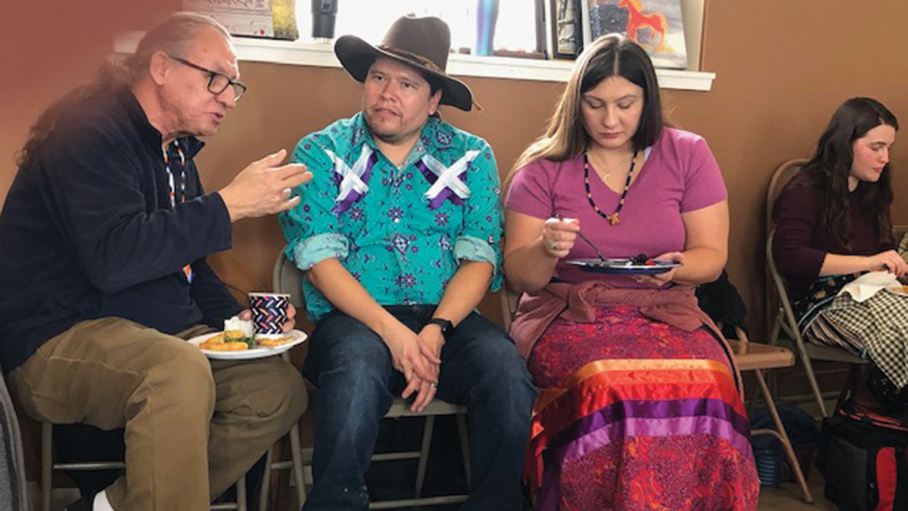Makoce Ikikcupi Governing Council members James Rock and Sisoka Duta and past Governing Council member Wóokiye Win at the celebration of land recovery on March 21 in Mountain Lake, Minn. — Bertha Klassen