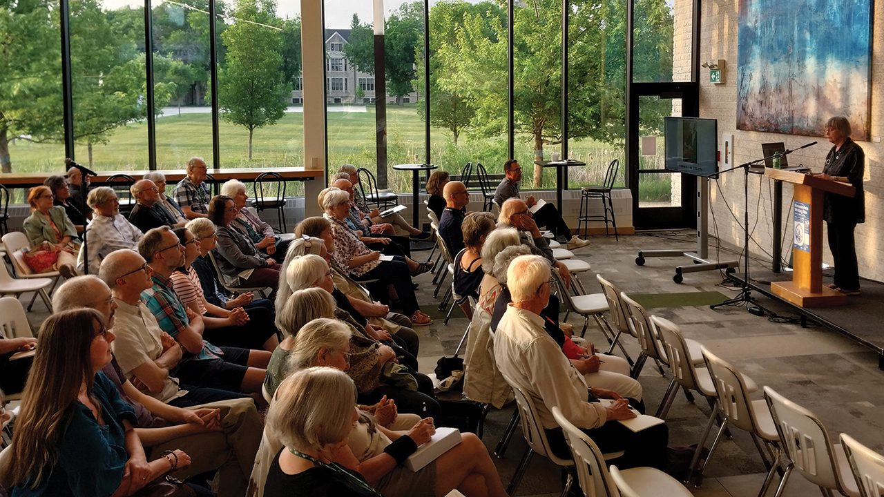 Magdalene Redekop delivers a keynote address at the Mennonite/s Writing Conference hosted by Canadian Mennonite University. — Eileen Kinch/AW
