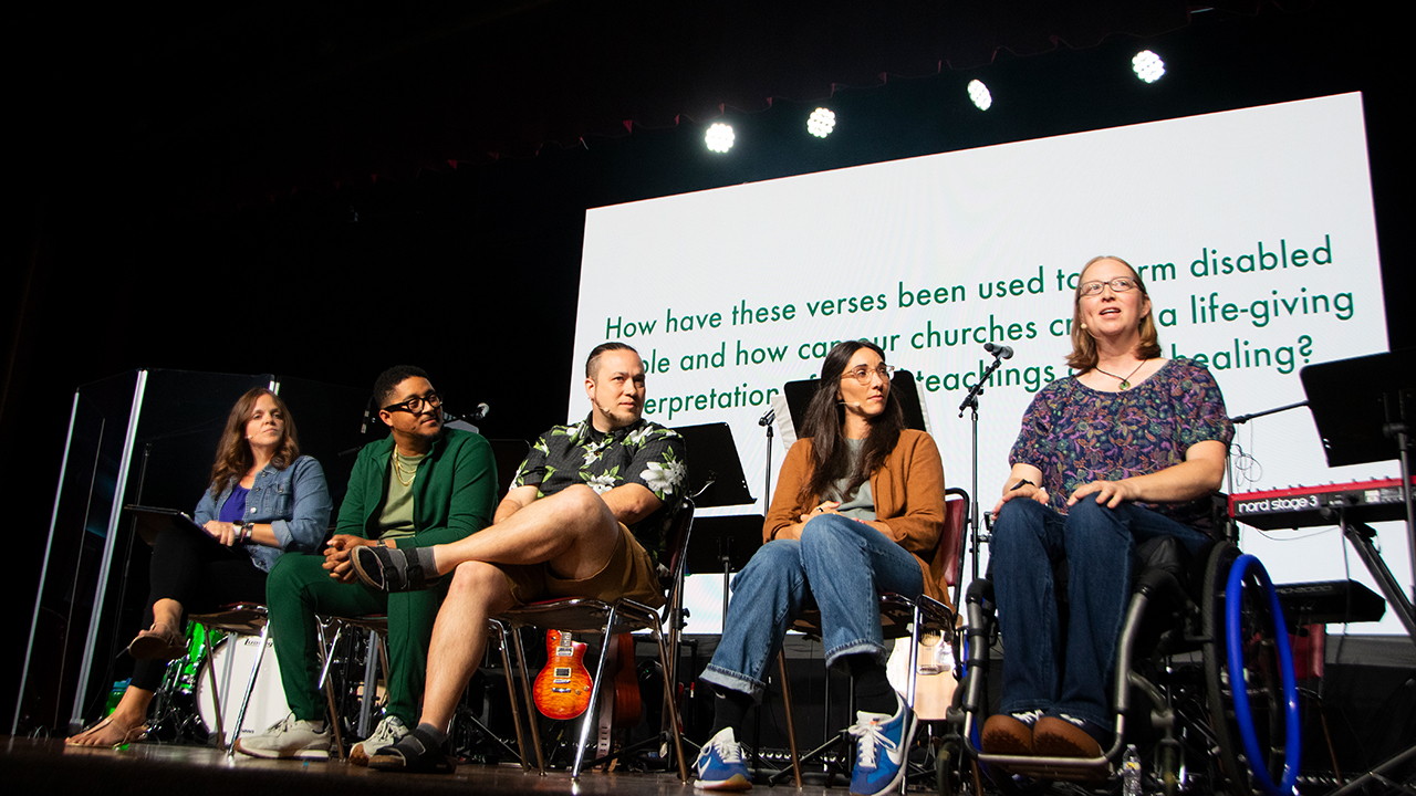 Panelist Sarah Werner, right, speaks as other panelists and moderators, from left, Katherine Dickson, Caleb McClendon, Jon-Erik (J.E.) Misz and Melissa Florer-Bixler listen on July 10 at the Mennonite Church USA convention in Greensboro, N.C.. — Juan Moya/AW