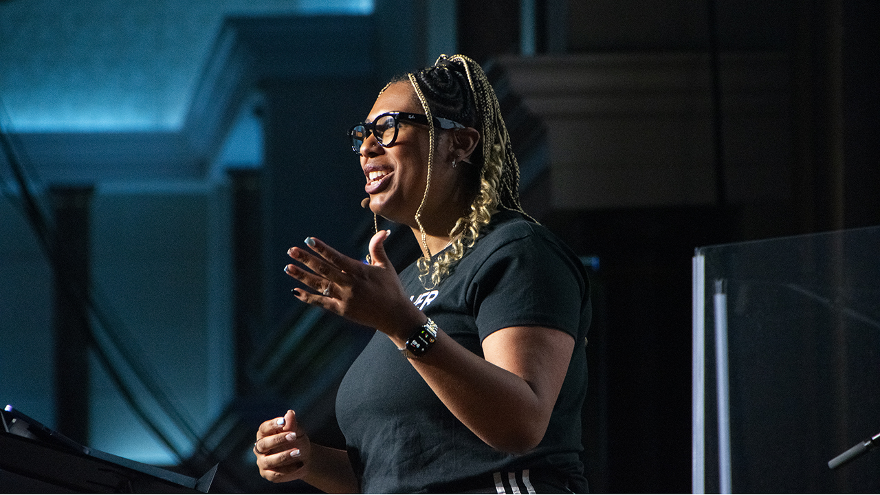 Lesley Francisco McClendon, senior pastor of C3 Hampton, a Mennonite congregation in Virginia, speaks during the final worship service of the Mennonite Church USA convention in Greensboro, N.C., on July 12. — Juan Moya/AW