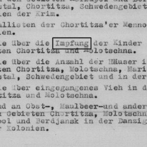 Records from 1831 in Chortitza and Molotschna colonies in what is now Ukraine record tables of children’s vaccinations (“Impfung” in German). — Records of the National Socialist German Labor Party, National Archives