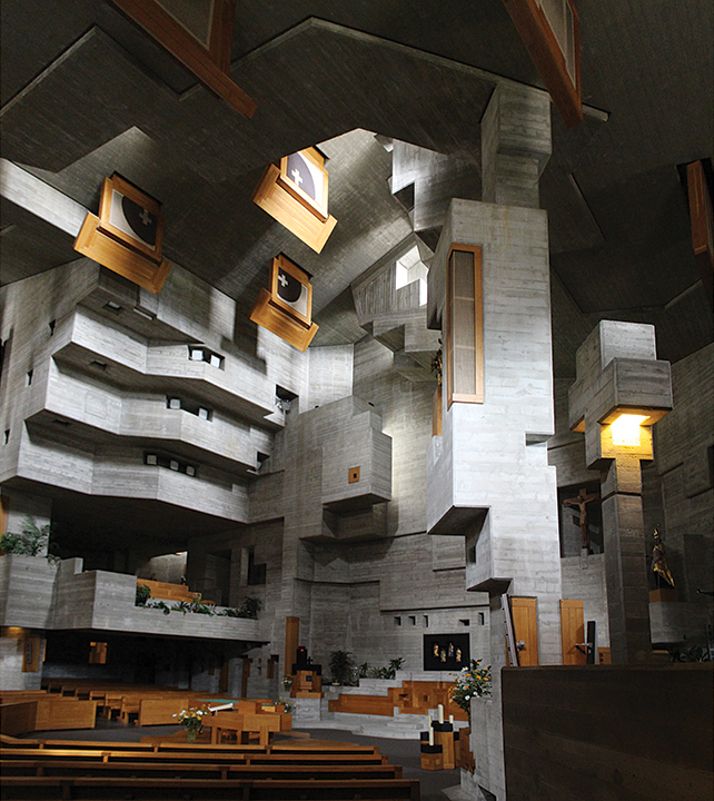 Basel architect Walter Förderer’s Saint Nicholas Church in Hérémence, Switzerland, is a Brutalist-style worship space constructed of concrete. Criticized by the press at its inauguration in 1971, it eventually became a source of local pride and gained recognition as a significant piece of Swiss architectural heritage. — Trevor.patt/Flickr