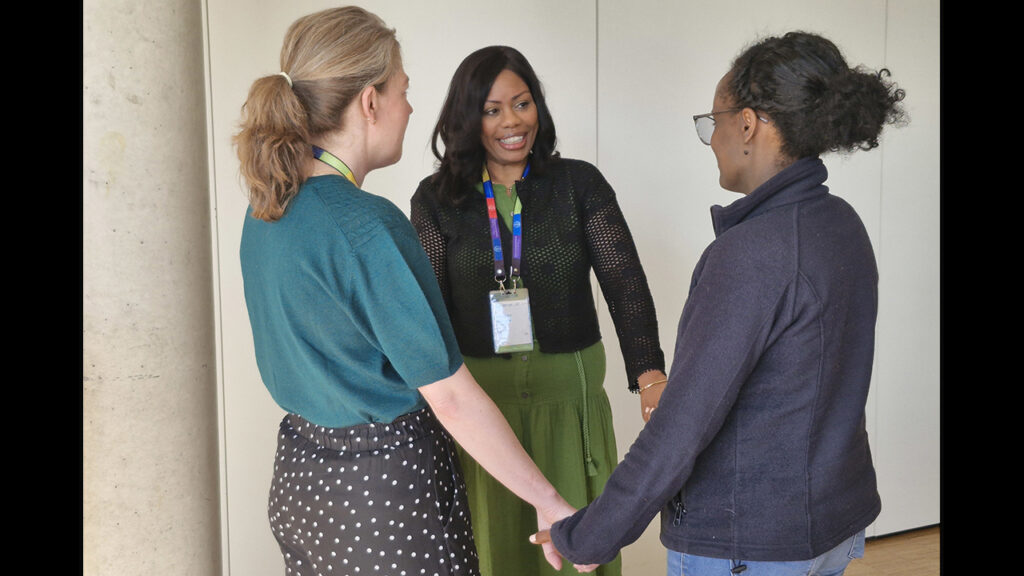 Mennonite World Conference General Council, May 2025. From left: Anna Vogt of Canada, Creation Care Task Force; Hyacinth Stevens of the United States, Mission Commission; Tigist Tesfaye of Ethiopia, Deacons Commission. — Stephanie Setiawan/MWC